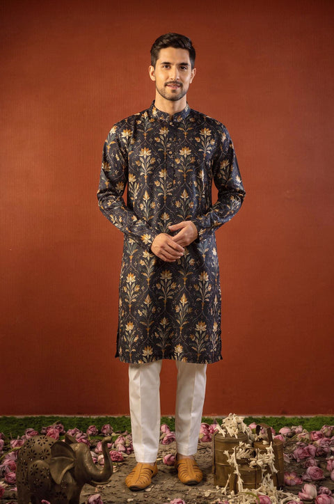 Kanjal — Midnight Blue Printed Falling Raw Silk Kurta