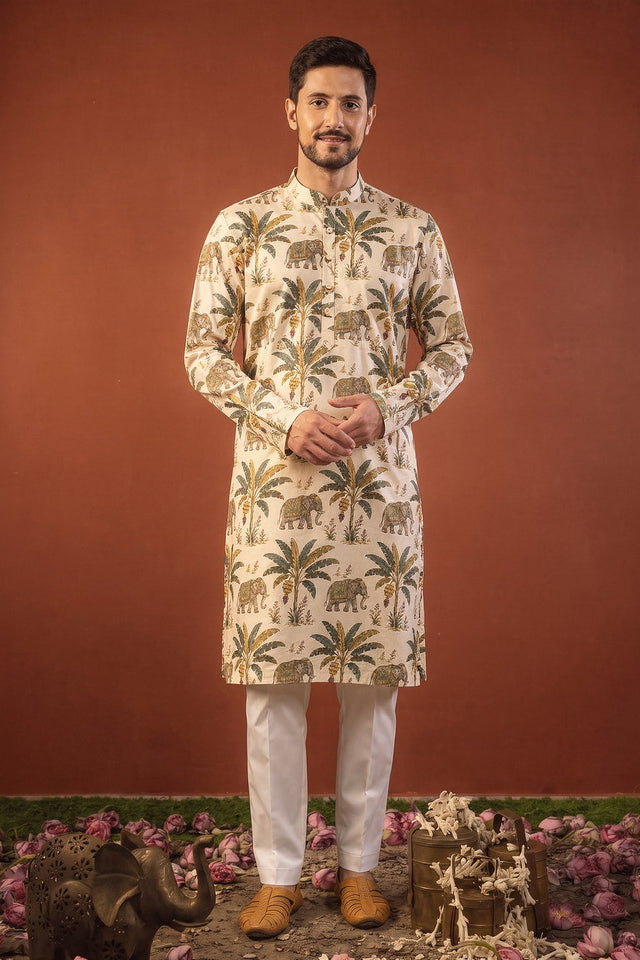 Kadali — Cream Printed Falling Raw Silk Kurta