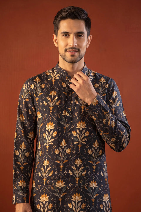 Kanjal — Midnight Blue Printed Falling Raw Silk Kurta