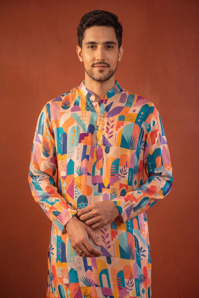 Sarang — Multi Color Printed Falling Raw Silk Kurta