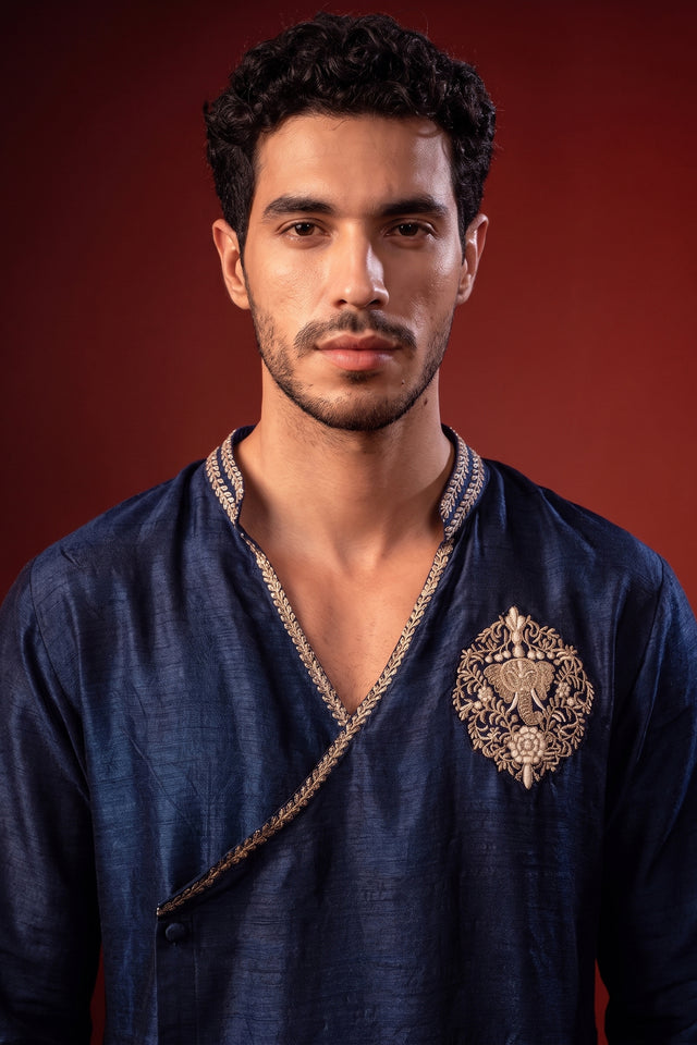 Manomaya — Navy Thread Embroidered Falling Raw Silk Kurta