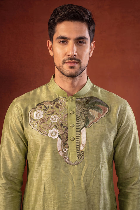 Nishant— Olive Green Thread Embroidered Falling Raw Silk Kurta