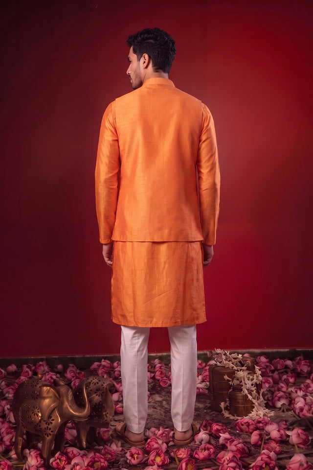 Dhew — Orange Thread Embroidered Falling Raw Silk Nehru Jacket Set