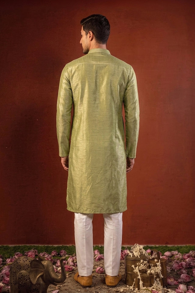 Nishant— Olive Green Thread Embroidered Falling Raw Silk Kurta