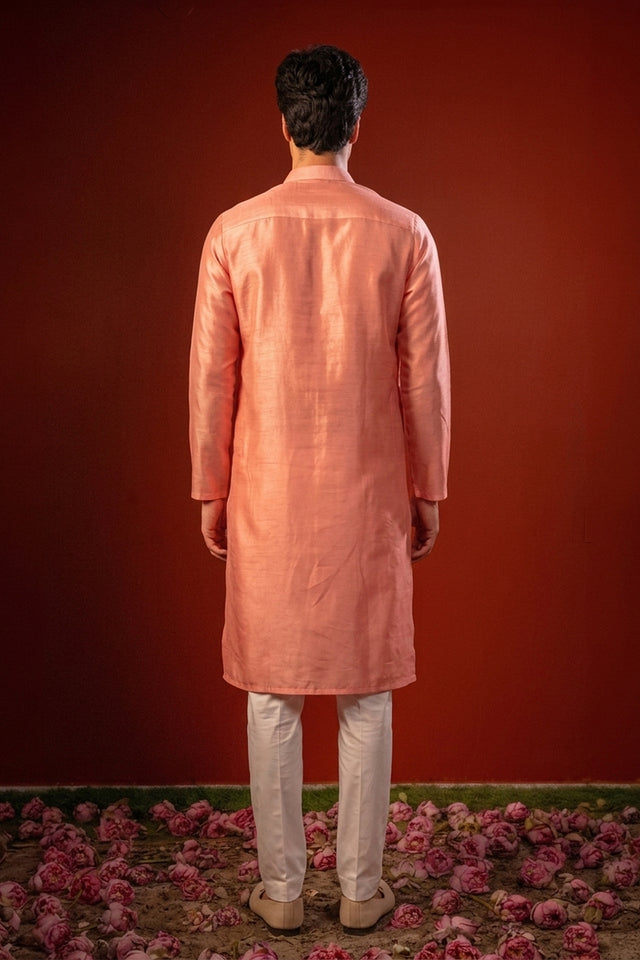Shubhan — Peach Thread Embroidered Falling Raw Silk Kurta