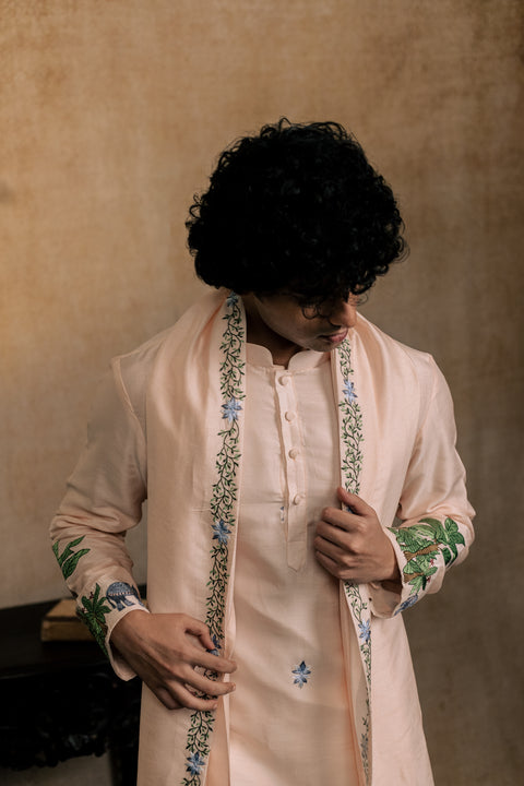 Gajavana β Beige Embroidered Falling Raw Silk Kurta