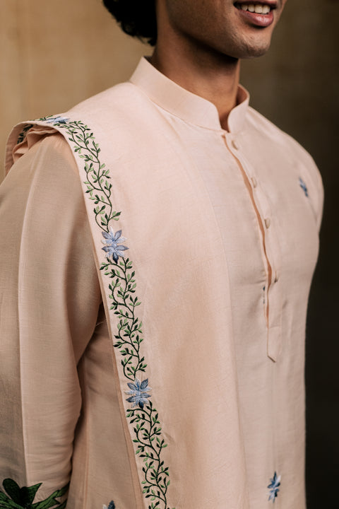 Gajavana β Beige Embroidered Falling Raw Silk Kurta