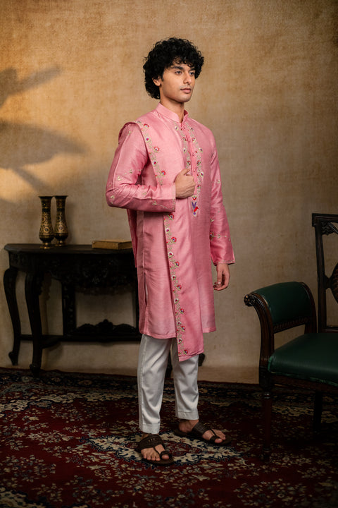 Gulab Pakshi — Pink Embroidered Falling Raw Silk Kurta