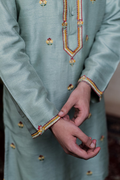 Kalika — Olive Green Embroidered Falling Raw Silk Kurta