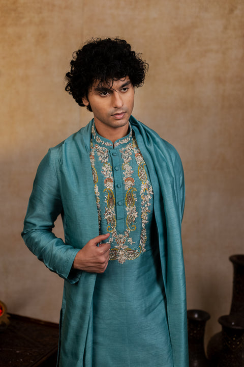Paisley Zari β Olive Green Zari Paisley Embroidered Falling Raw Silk Kurta