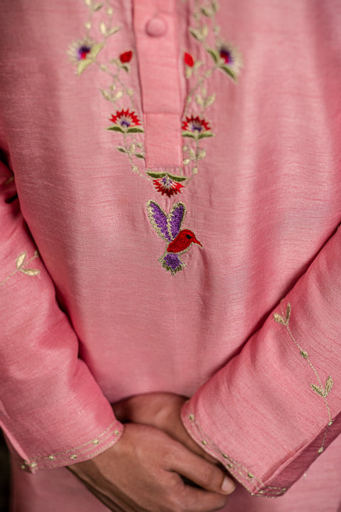 Gulab Pakshi β Pink Embroidered Falling Raw Silk Kurta