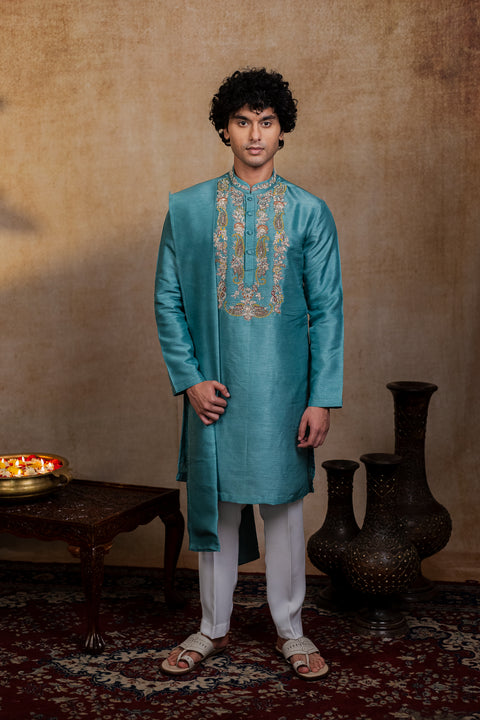 Paisley Zari β Olive Green Zari Paisley Embroidered Falling Raw Silk Kurta