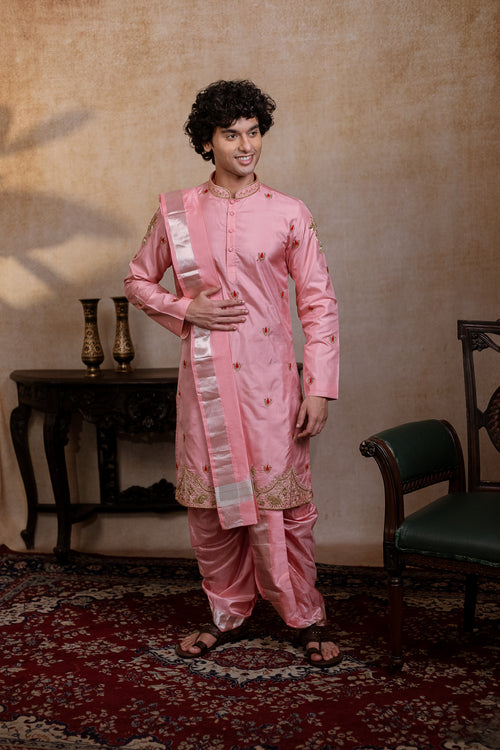 Srinivasa Kanjivaram — Pink Hand Embroidered Pattu Kurta Set