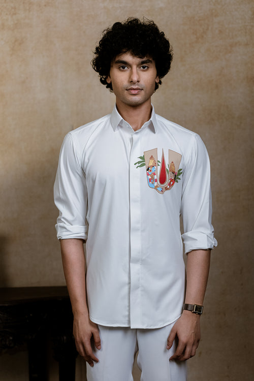 Chitra Srinivasa — White Srinivasa Hand Painted 4-Way Stretch Utsav Luxe Shirt