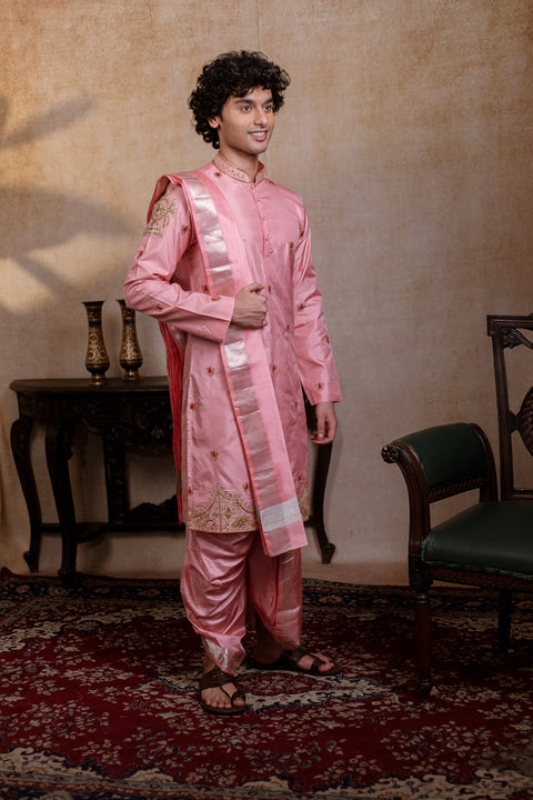 Srinivasa Kanjivaram — Pink Hand Embroidered Pattu Kurta Set