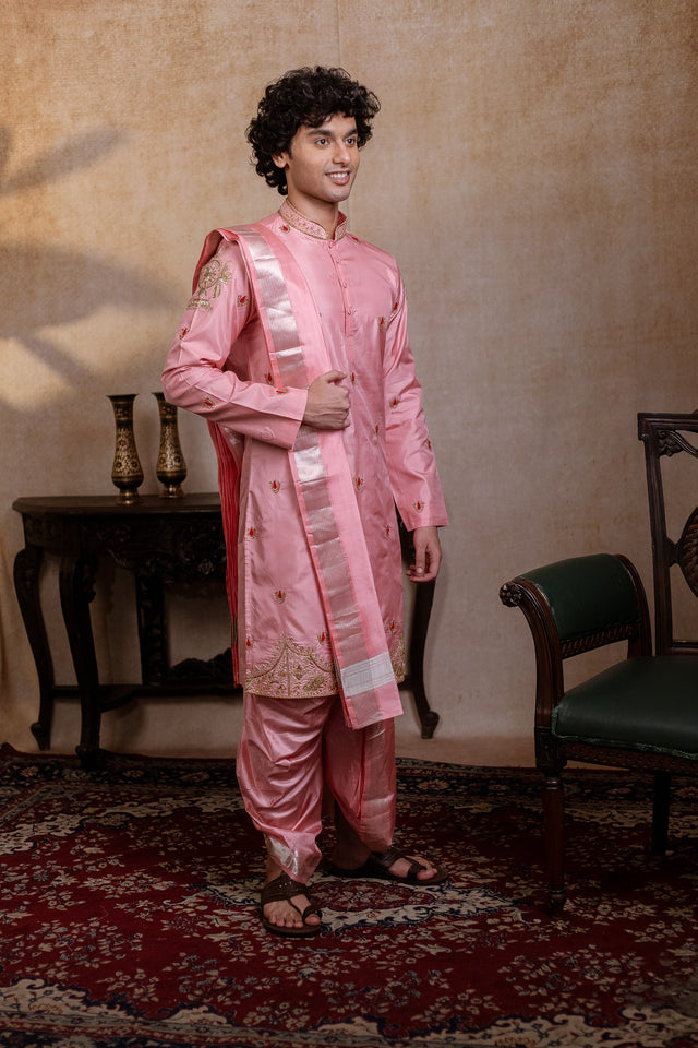 Srinivasa Kanjivaram — Pink Hand Embroidered Pattu Kurta Set
