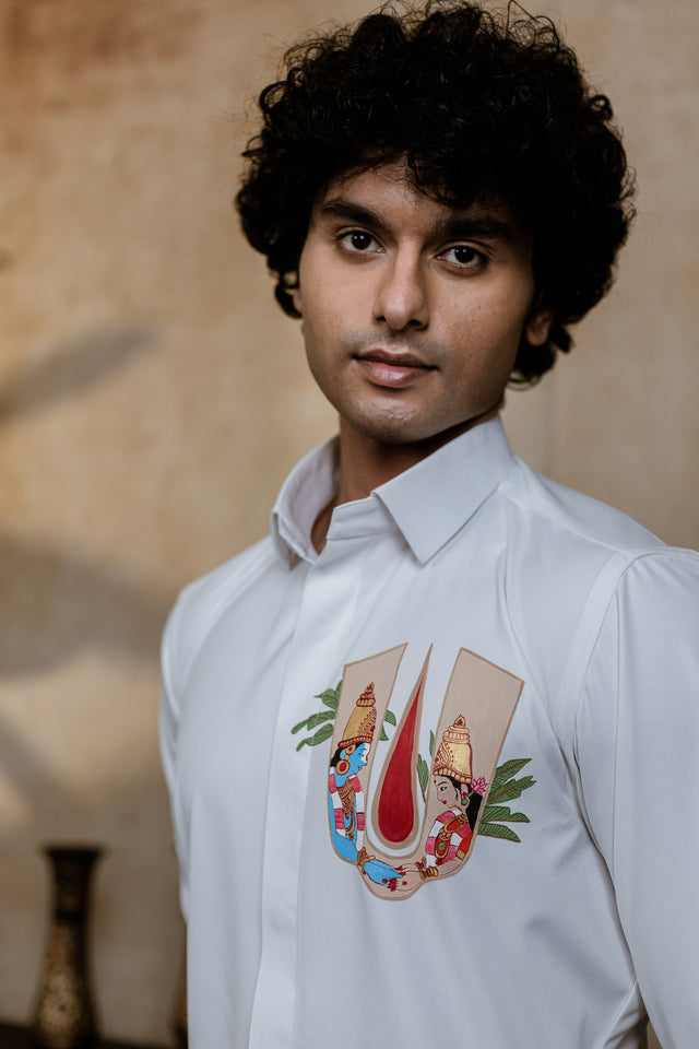Chitra Srinivasa — White Srinivasa Hand Painted 4-Way Stretch Utsav Luxe Shirt
