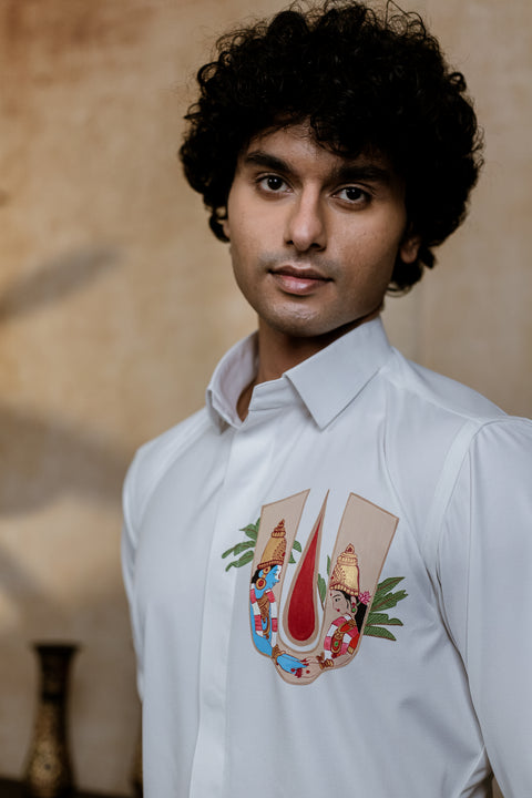 Chitra Srinivasa — White Srinivasa Hand Painted 4-Way Stretch Utsav Luxe Shirt