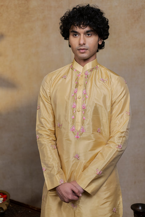 Padmajaal — Yellow Hand Embroidered Semi Pattu Silk Kurta