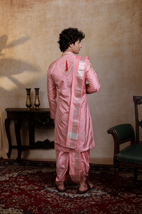 Srinivasa Kanjivaram β Pink Hand Embroidered Pattu Kurta Set