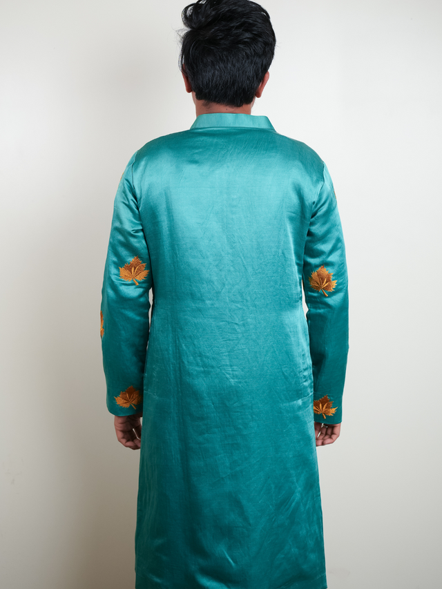 Green — Green Leaf Embroidered Linen Satin Kurta