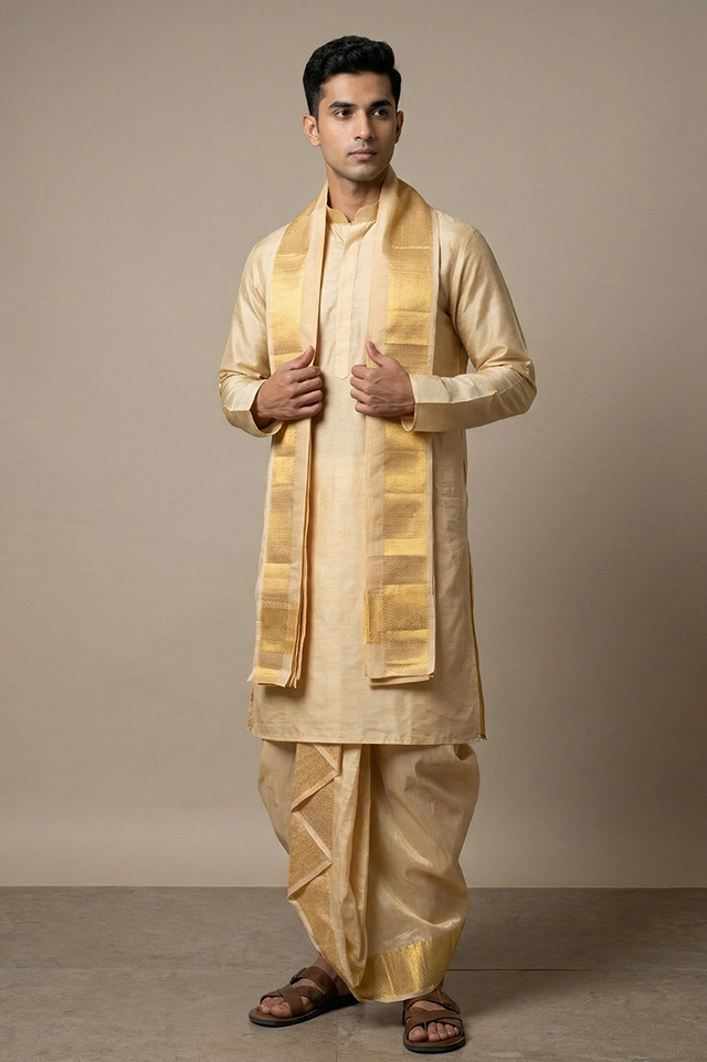 Shriyam — Cream Gold Heirloom Raghukula Pattu Silk Fabric