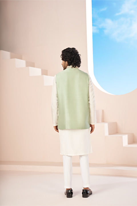 Musgo — Pista Green Hand Embroidered Dupion Silk Nehru Jacket Set