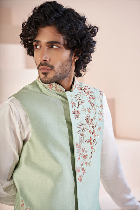 Musgo — Pista Green Hand Embroidered Dupion Silk Nehru Jacket Set