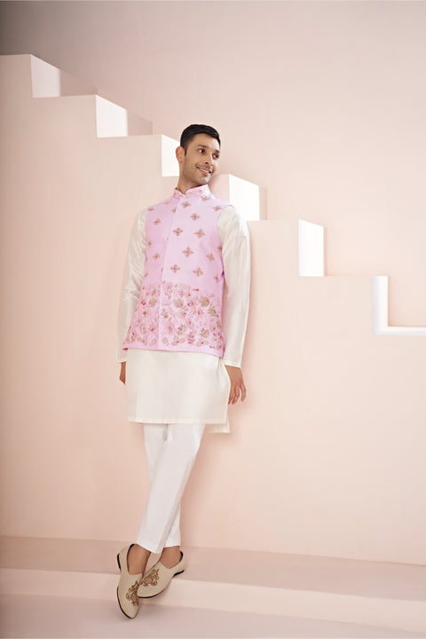Malva — Lavender Pink Embroidered Dupion Silk Nehru Jacket Set