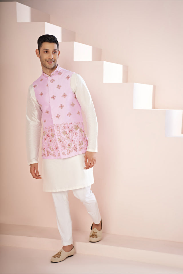 Malva — Lavender Pink Embroidered Dupion Silk Nehru Jacket Set