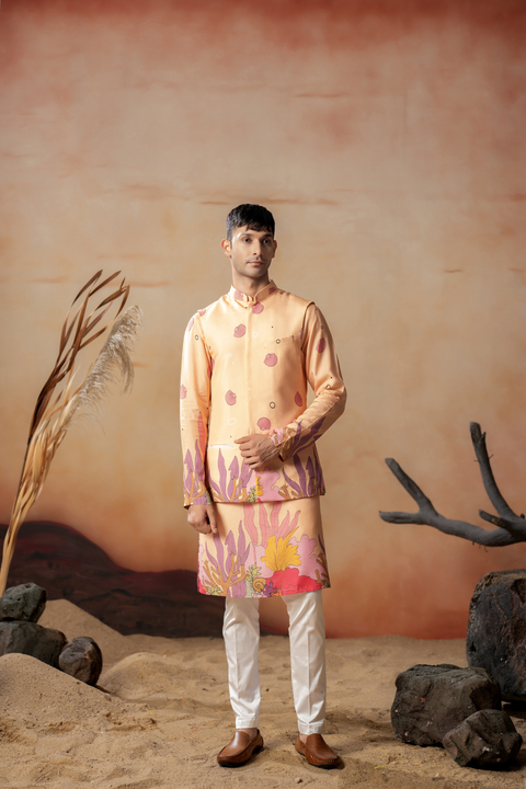 Coralflow — Peachy Coral Ocean Printed Russian Silk Nehru Jacket Set