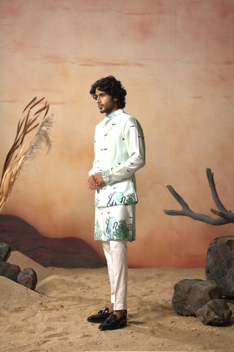 Triton — Sea Green Nature Printed Cotton Satin Nehru Jacket Set