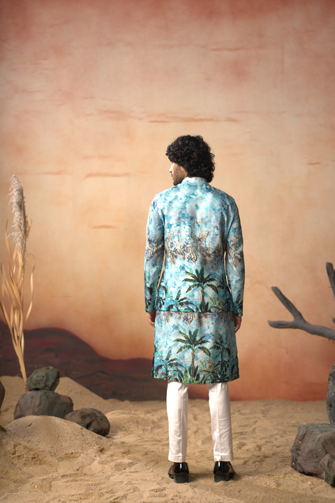 Nirvana — Aqua Blue Nature Printed Russian Silk Nehru Jacket Set