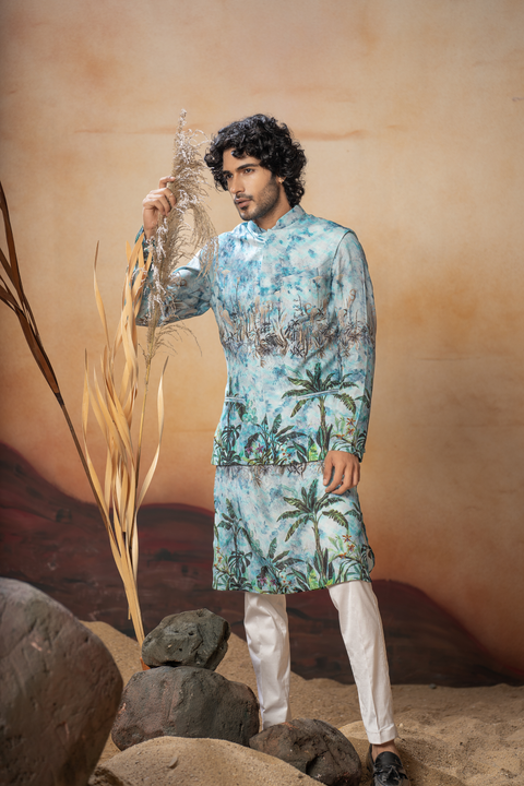 Nirvana β Aqua Blue Nature Printed Russian Silk Nehru Jacket Set