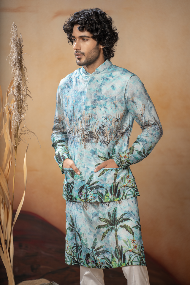 Nirvana — Aqua Blue Nature Printed Russian Silk Nehru Jacket Set