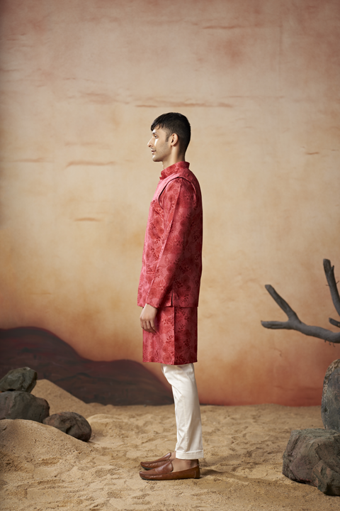Verdant — Red Nature Printed Russian Silk Nehru Jacket Set