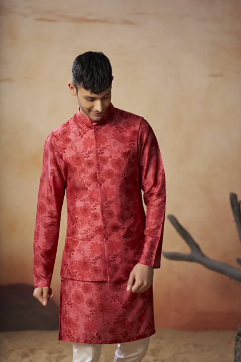 Verdant — Red Nature Printed Russian Silk Nehru Jacket Set