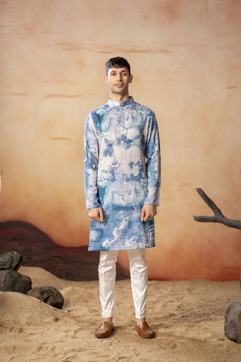 Carrara — Blue Nature Printed Russian Silk Nehru Jacket Set