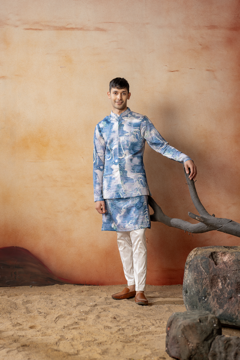Carrara — Blue Nature Printed Russian Silk Nehru Jacket Set