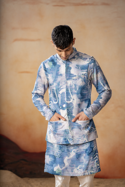 Carrara β Blue Nature Printed Russian Silk Nehru Jacket Set