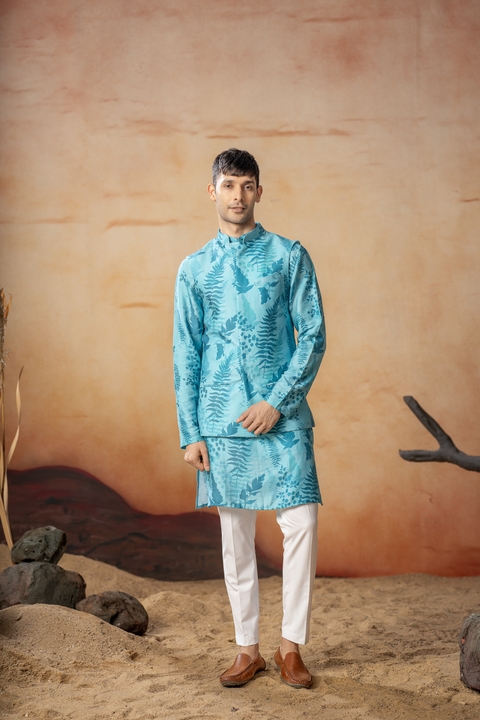 Folium — Blue Nature Printed Cotton Satin Nehru Jacket Set