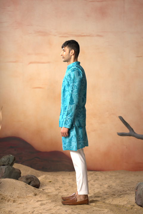 Folium — Blue Nature Printed Cotton Satin Nehru Jacket Set