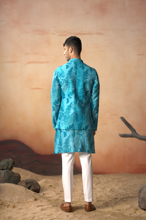 Folium — Blue Nature Printed Cotton Satin Nehru Jacket Set