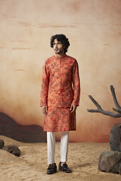 Coraflora — Coral Red Nature Printed Russian Silk Nehru Jacket Set