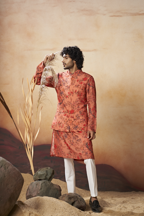 Coraflora — Coral Red Nature Printed Russian Silk Nehru Jacket Set