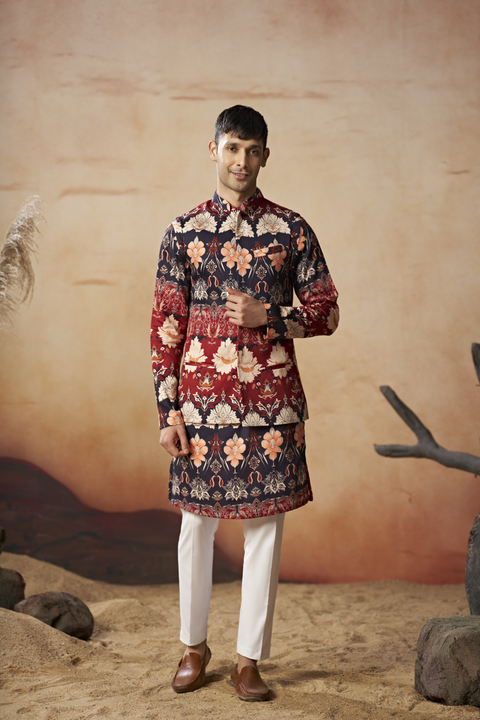 Opulent — Navy Blue Hand Embroidered Cotton Satin Nehru Jacket Set