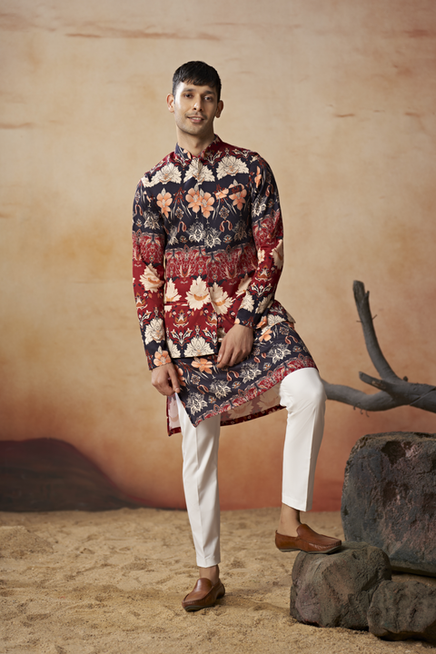 Opulent — Navy Blue Hand Embroidered Cotton Satin Nehru Jacket Set
