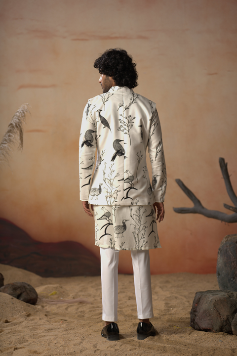 Avian — White Nature Printed Cotton Satin Nehru Jacket Set
