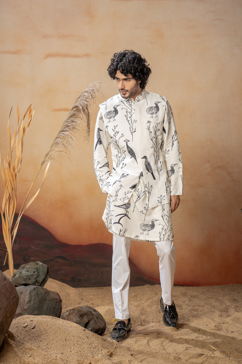 Avian — White Nature Printed Cotton Satin Nehru Jacket Set