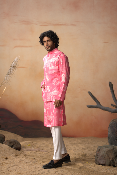 Rajasi — Coral Pink Nature Printed Russian Silk Nehru Jacket Set